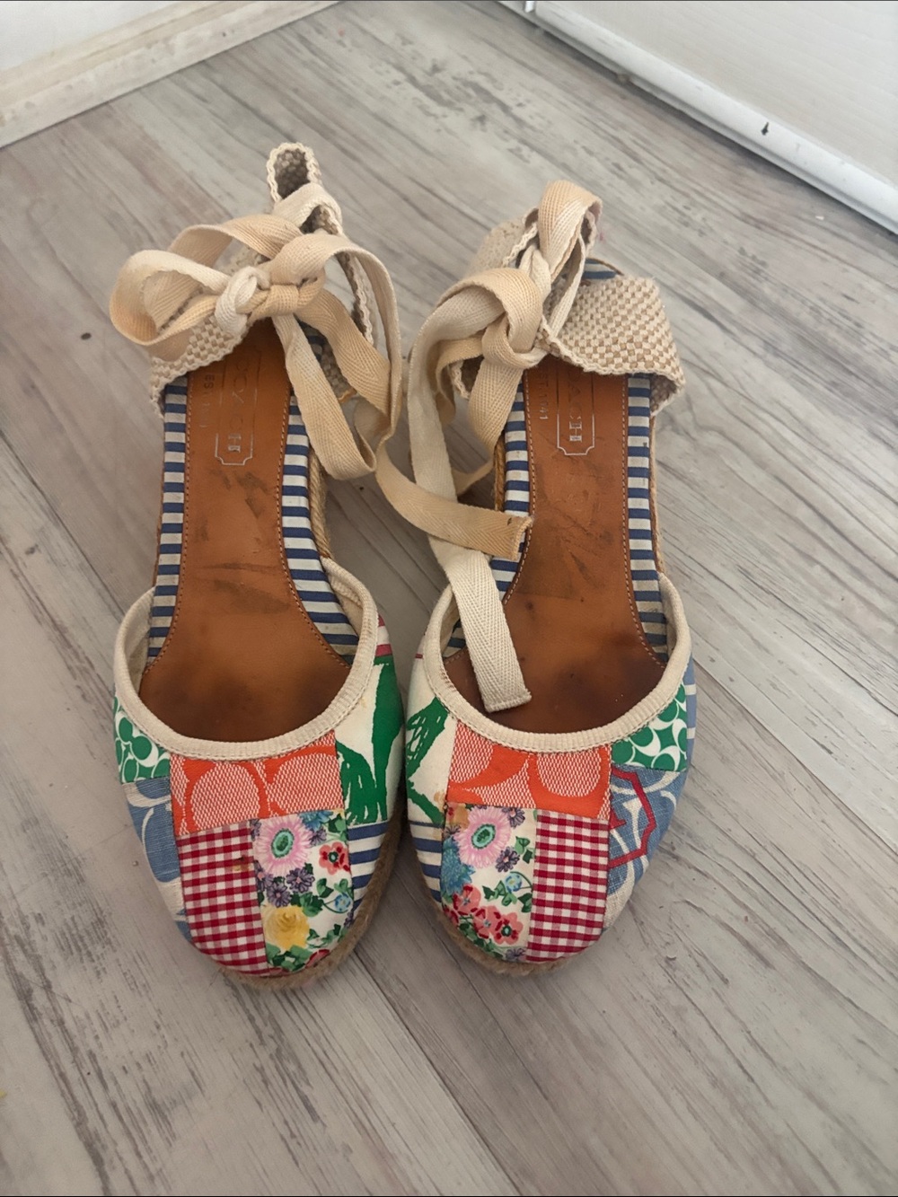 Authentic COACH Patchwork Lace Up Espadrille Wedges